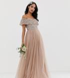 Maya Bridesmaid Bardot Maxi Tulle Dress With Tonal Delicate Sequins In Taupe Blush-brown