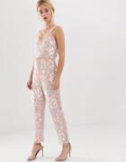 Needle And Thread Floral Embellished Jumpsuit With Tie Waist In Rose Quartz-pink