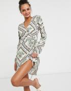 Liquorish Mini Wrap Dress In Mixed Print-multi