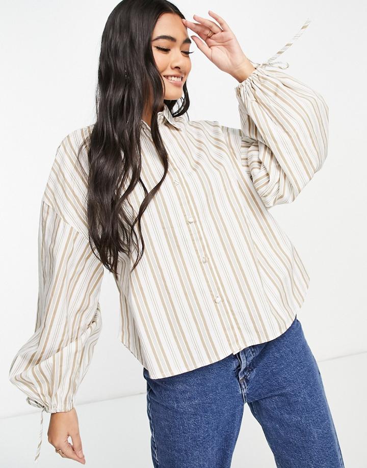 Selected Femme Cotton Shirt With Tie Wrists In Stripe - Multi