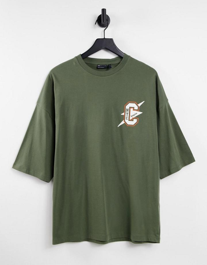 Asos Design Oversized T-shirt In Khaki With Chest Logo-green