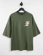 Asos Design Oversized T-shirt In Khaki With Chest Logo-green