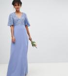 Maya Sequin Top Maxi Bridesmaid Dress With Flutter Sleeve Detail - Blue