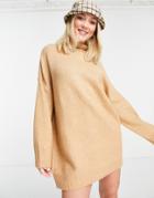 Pull & Bear Knitted Rollover Long Sleeved Dress In Camel-neutral