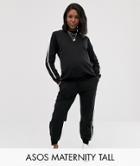 Asos Design Maternity Tall Tracksuit Cute Sweat / Basic Under The Bump Jogger With Tie With Contrast Binding - Black