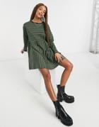 Asos Design Super Oversized Long Sleeve Smock Dress In Khaki And Black Stripe