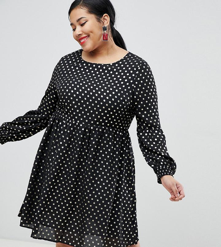 Glamorous Curve Long Sleeve Smock Dress In Gold Spot-black
