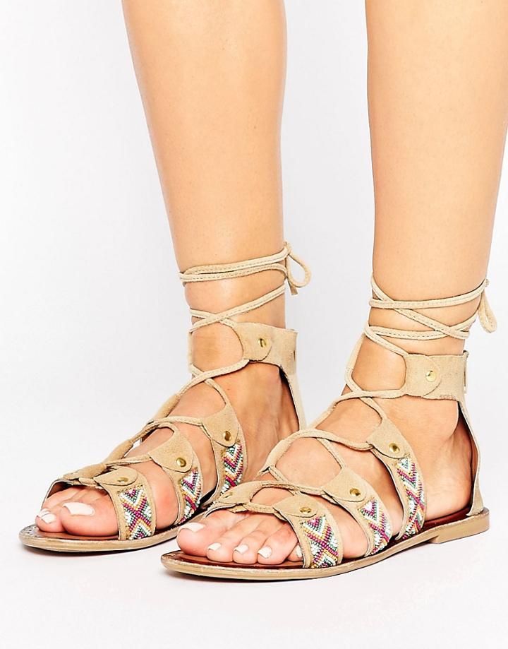 Park Lane Beaded Lace Up Sandal - Beige