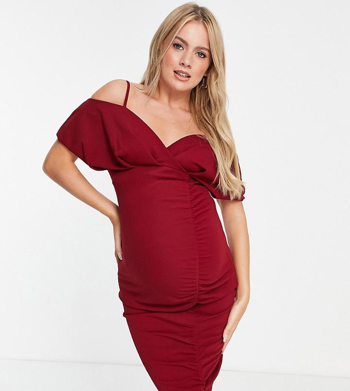 Asos Design Maternity Off Shoulder Ruched Midi Dress In Red-pink