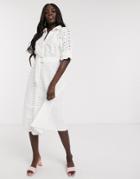 Asos Design Broderie Midi Shirt Dress With Puff Sleeves And D-ring Belt In White