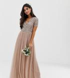 Maya Petite Bridesmaid V Neck Maxi Tulle Dress With Tonal Delicate Sequins In Taupe Blush - Brown