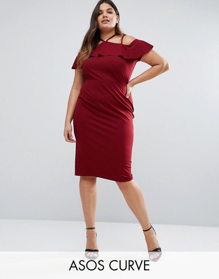 Asos Curve Pencil Dress With Strap Shoulder Detail - Red