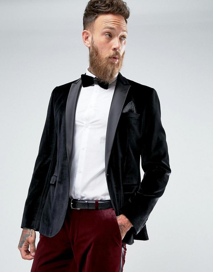Asos Heston Skinny Blazer In Black Velvet - Black