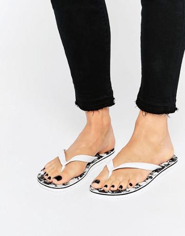 Adidas Originals White & Black Palm Print Flip Flop Flat Sandals - White