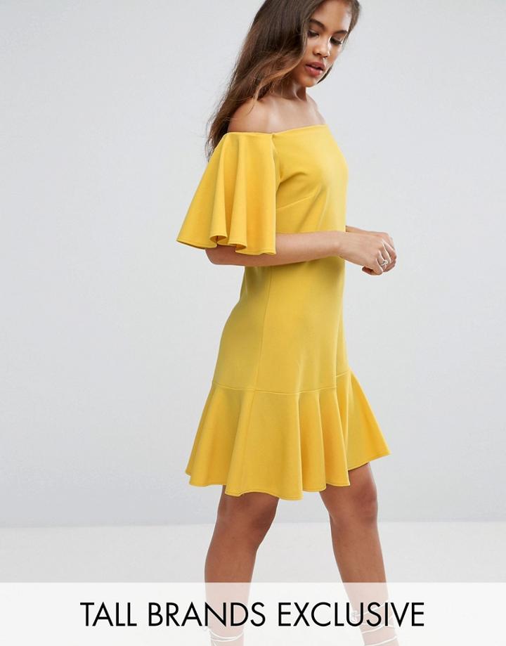 John Zack Tall Off Shoulder Mini Dress With Fluted Hem Detail - Yellow