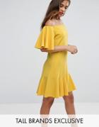 John Zack Tall Off Shoulder Mini Dress With Fluted Hem Detail - Yellow