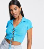 Asyou Lace-up Ribbed Polo Top In Aqua-blues