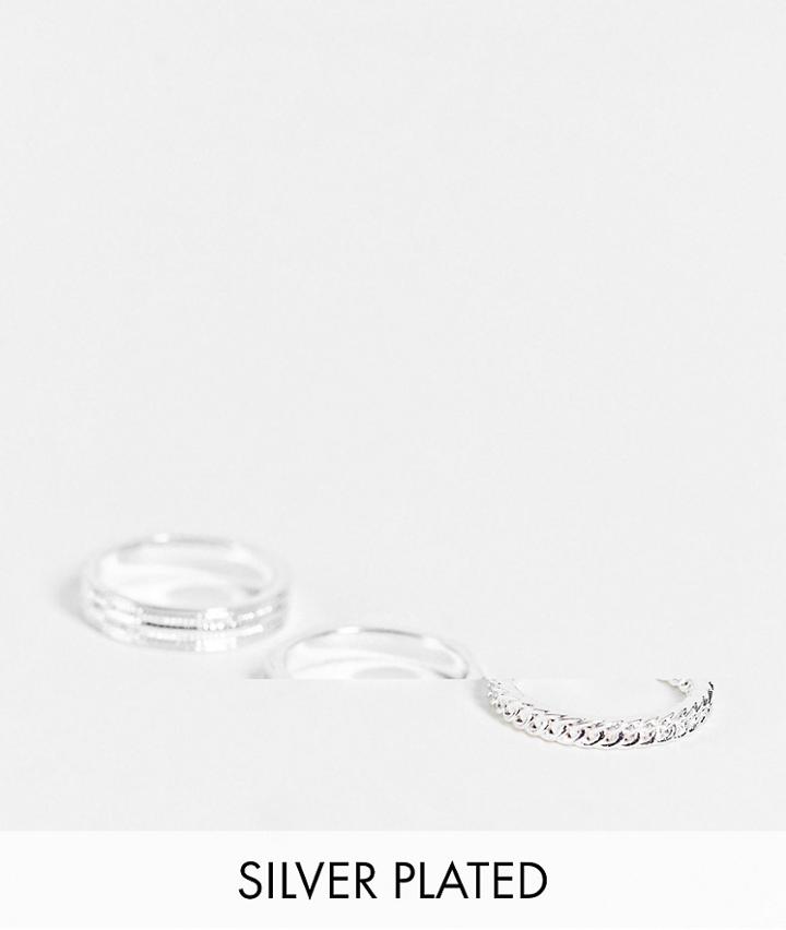Asos Design 3-pack Slim Band Ring Set With Textured Detail In Real Silver Plate
