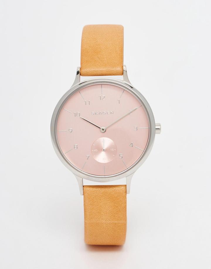 Skagen Anita Pink Face Leather Watch - Beige