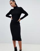 Asos Design High Neck Rib Midi Dress - Black