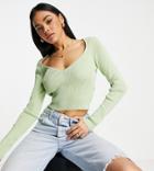 Missguided Ribbed V Neck Sweater In Sage-green