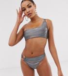South Beach Exclusive Metallic Ring High Leg Bikini Bottom In Black - Black
