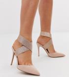 Asos Design Wide Fit Payback Elastic High Heels In Beige And Glitter