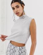 Prettylittlething Plisse High Neck Crop Top In Silver - Silver