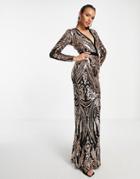 Goddiva Embroidered Plunge Long Sleeved Maxi Dress In Black And Gold-pink