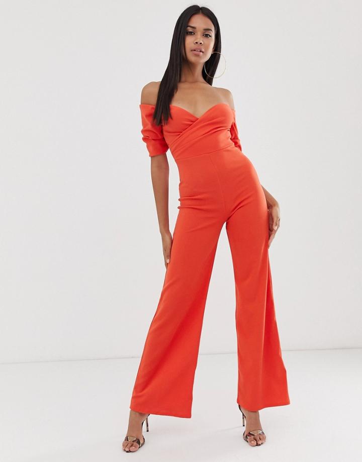 Club L London Bardot Wide Leg Jumpsuit In Orange - Orange