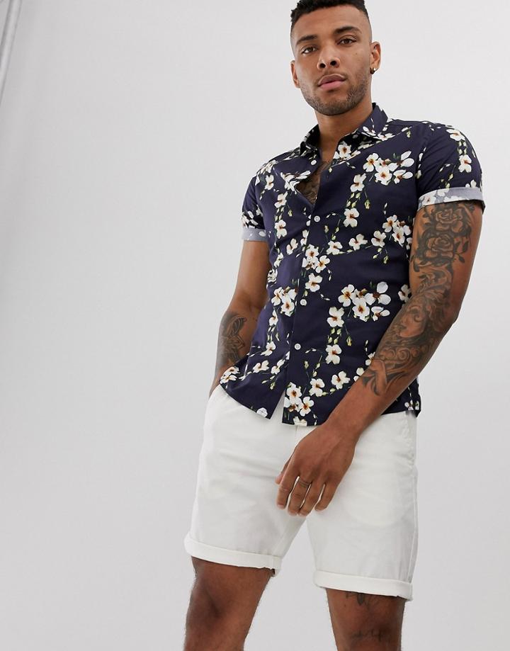 Asos Design Slim Fit Floral Shirt In Navy - Navy