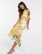 Hope & Ivy Open Back Midaxi Dress With Ruffle Hem In Yellow Based Floral Print-blues