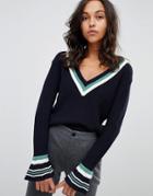 Boss Casual V Neck Stripe Sweater - Navy