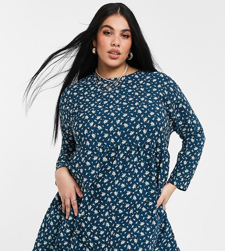 Asos Design Curve Long Sleeve Smock Mini Dress In Teal Floral-multi