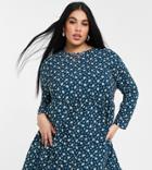 Asos Design Curve Long Sleeve Smock Mini Dress In Teal Floral-multi