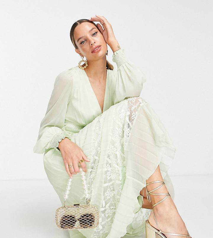 Asos Design Tall Exclusive Plunge Pleated Midi Dress With Lace Insert Hem In Sage Green