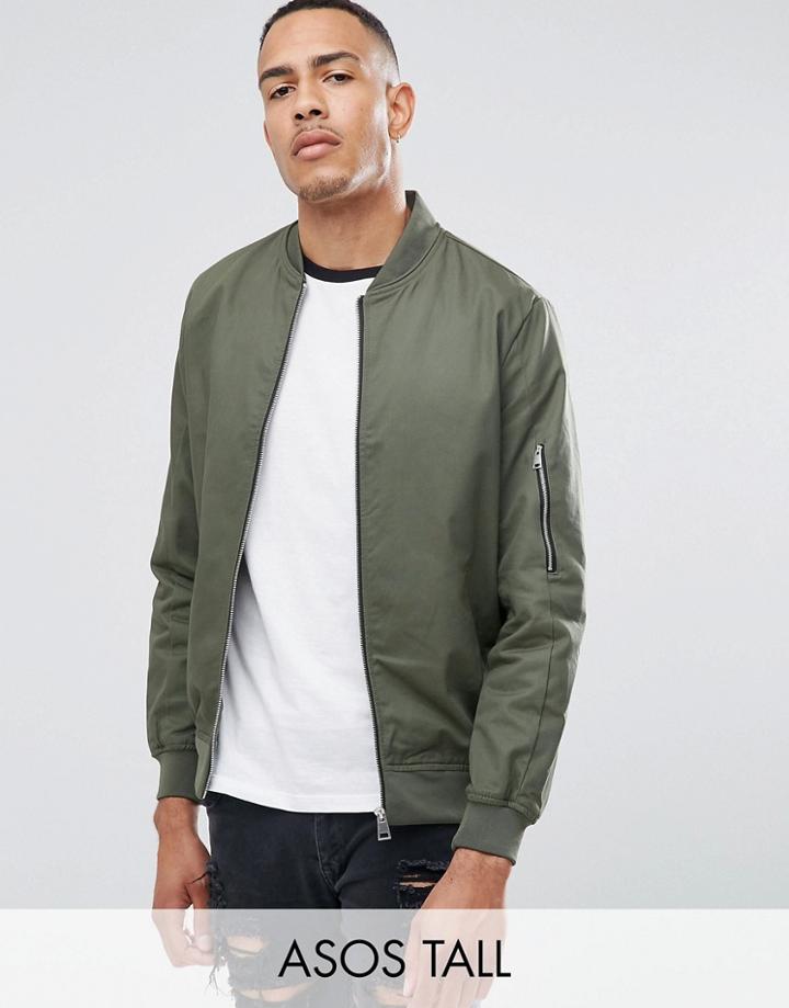 Asos Tall Cotton Bomber Jacket With Sleeve Zip In Khaki - Green