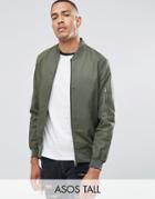 Asos Tall Cotton Bomber Jacket With Sleeve Zip In Khaki - Green