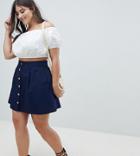 Asos Design Curve Cotton Mini Skater Skirt With Button Front - Navy