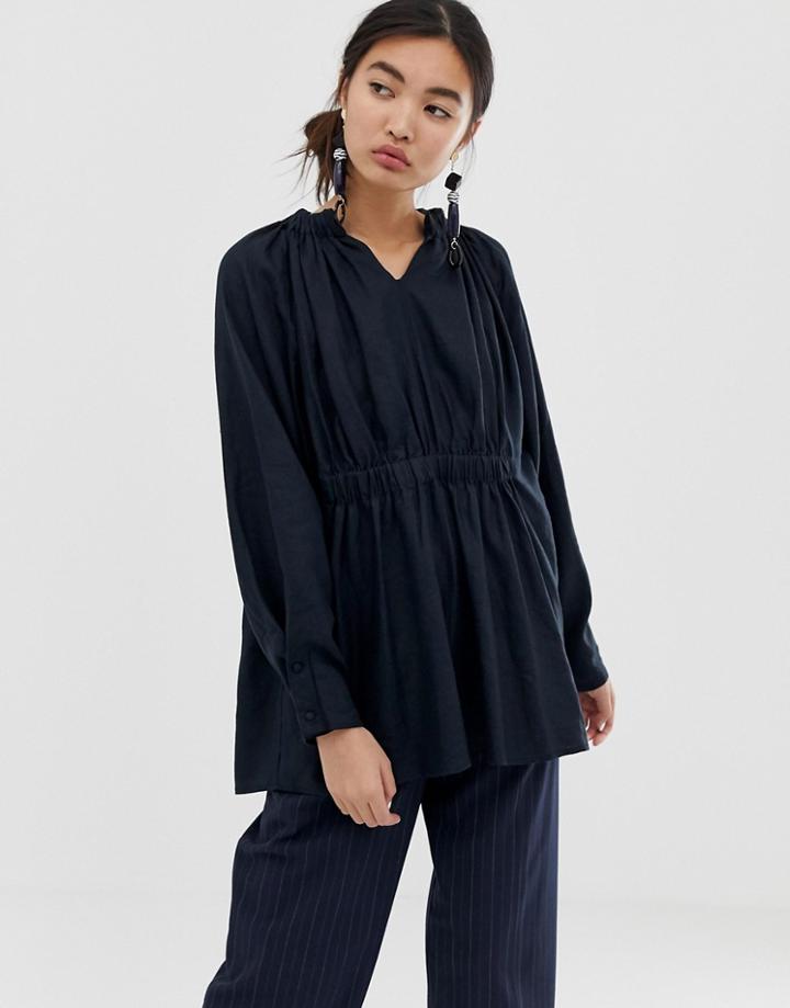 Asos White Linen Gathered Neck Top-navy