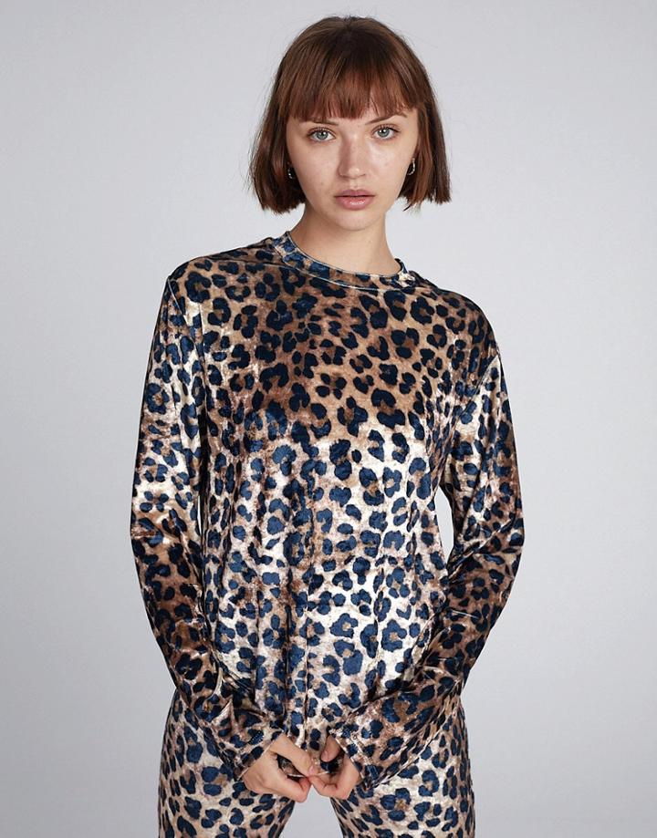 Milk It Coordinating Vintage Long Sleeve Top With Tie Front In Velvet Leopard Print-brown