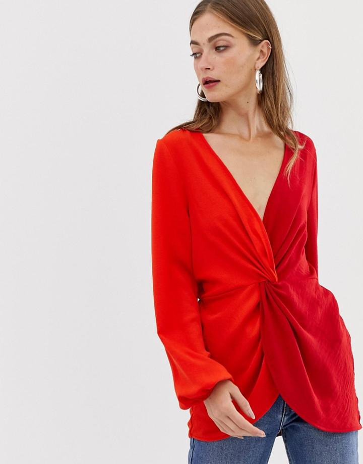 Asos Design Twist Front Long Sleeve Top In Color Block-red