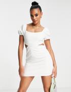Parallel Lines Puff Sleeve Cut-out Mini Dress In Cream-white