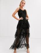 Lace & Beads Polka Dot Tiered Maxi Dress In Black And Gold-multi