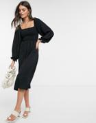 New Look Shirred Square Neck Midi Dress In Black