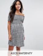 Asos Maternity Off Shoulder Sundress With Shirring In Gingham - Multi