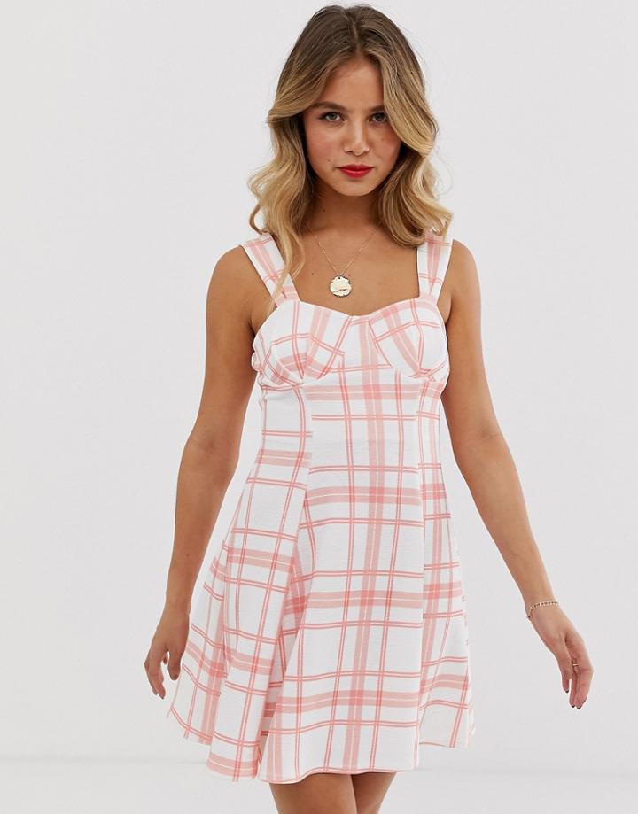 Asos Design Check Cupped Seamed Flare Mini Dress - Multi