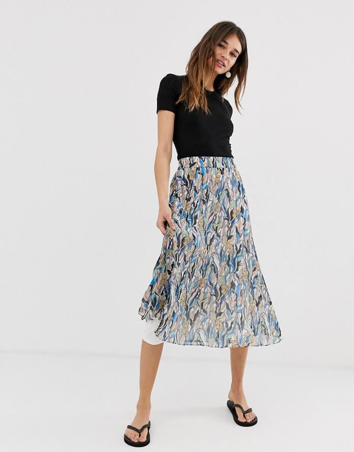 Monki Jungle Print Pleated Midi Skirt In Multi