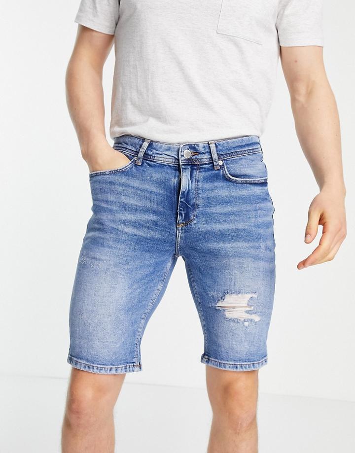 River Island Skinny Denim Shorts With Rips In Blue