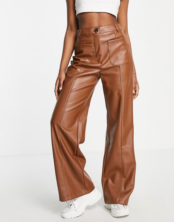Stradivarius Faux Leather Dad Pants In Caramel-neutral